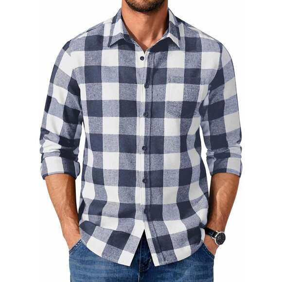 Buffalo Blue White Men Flannel  Long Sleeve Plaid  Button Up Shirt Jacket - Picture 1 of 7